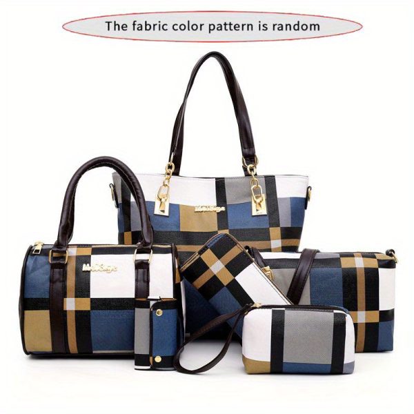 6pcs Set Large Capacity Checkered Shoulder Bag – Includes Handbag, Crossbody Bag, Clutch, Long & Short Wallets – Stylish Multi-Bag Set for Women - Image 10