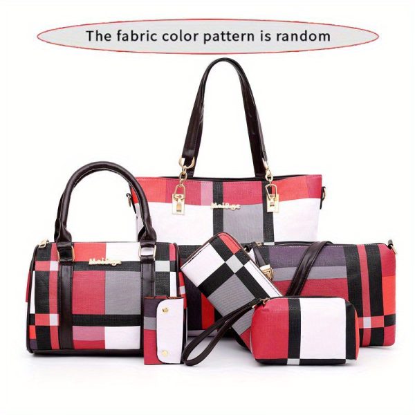 6pcs Set Large Capacity Checkered Shoulder Bag – Includes Handbag, Crossbody Bag, Clutch, Long & Short Wallets – Stylish Multi-Bag Set for Women - Image 6