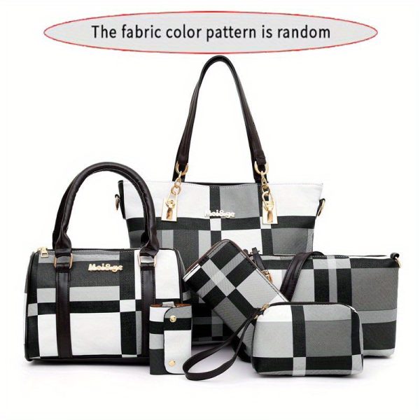 6pcs Set Large Capacity Checkered Shoulder Bag – Includes Handbag, Crossbody Bag, Clutch, Long & Short Wallets – Stylish Multi-Bag Set for Women - Image 8