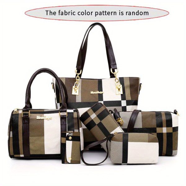 6pcs Set Large Capacity Checkered Shoulder Bag – Includes Handbag, Crossbody Bag, Clutch, Long & Short Wallets – Stylish Multi-Bag Set for Women - Image 4