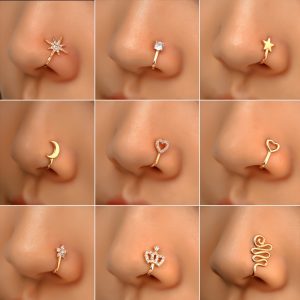 9pcs Copper Non-Piercing Nose Rings Set – U-Shape, Star, Heart, Crown Nose Clips with Zirconia for Women & Girls