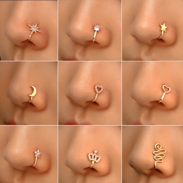 9pcs Copper Non-Piercing Nose Rings Set – U-Shape, Star, Heart, Crown Nose Clips with Zirconia for Women & Girls