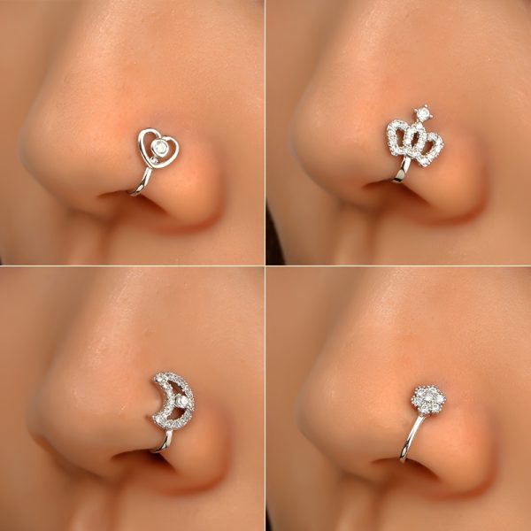 9pcs Copper Non-Piercing Nose Rings Set – U-Shape, Star, Heart, Crown Nose Clips with Zirconia for Women & Girls - Image 2