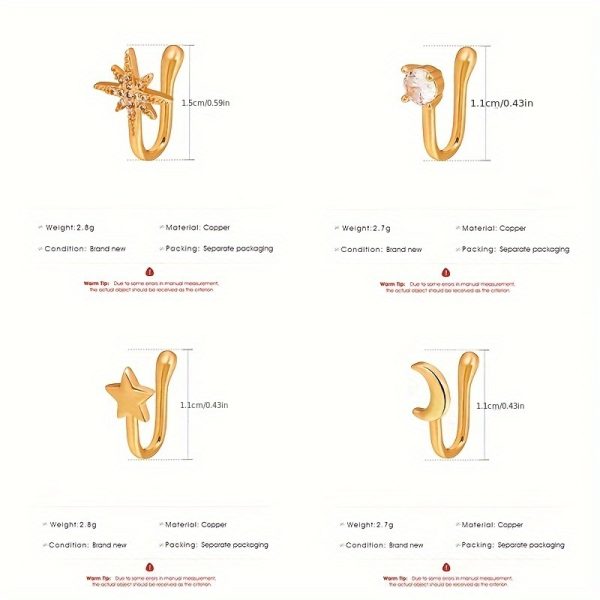 9pcs Copper Non-Piercing Nose Rings Set – U-Shape, Star, Heart, Crown Nose Clips with Zirconia for Women & Girls - Image 3