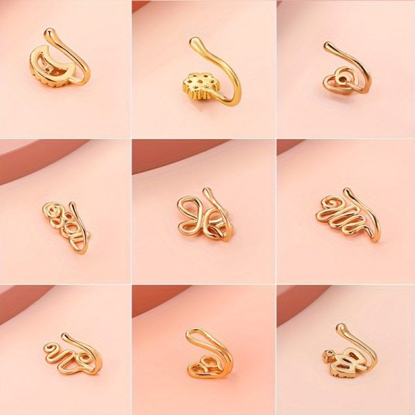 9pcs Copper Non-Piercing Nose Rings Set – U-Shape, Star, Heart, Crown Nose Clips with Zirconia for Women & Girls - Image 4