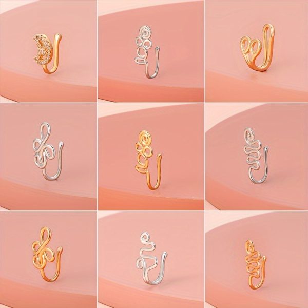 9pcs Copper Non-Piercing Nose Rings Set – U-Shape, Star, Heart, Crown Nose Clips with Zirconia for Women & Girls - Image 5