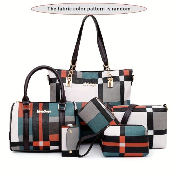 6pcs Set Large Capacity Checkered Shoulder Bag – Includes Handbag, Crossbody Bag, Clutch, Long & Short Wallets – Stylish Multi-Bag Set for Women - Image 12
