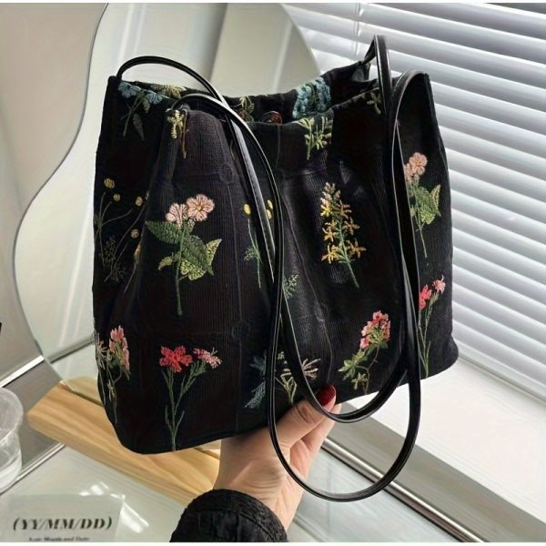 Floral Graphic Embroidered Tote Bag for Women – Fashionable Casual Shoulder Handbag & Purse for Everyday Use - Image 2