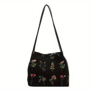 Floral Graphic Embroidered Tote Bag for Women – Fashionable Casual Shoulder Handbag & Purse for Everyday Use