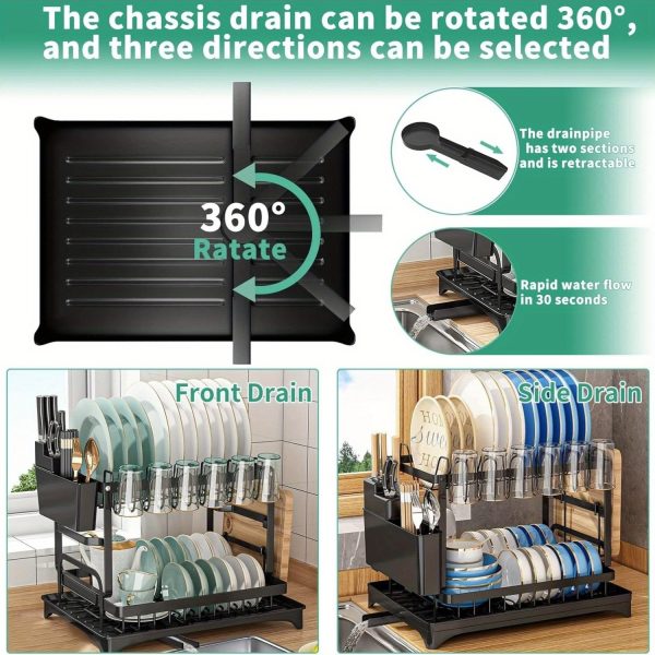 2-Tier Black Stainless Steel Dish Drying Rack – Space-Saving Kitchen Counter Organiser with Rotating Drain, Adjustable Utensil, Cup & Cutting Board Holders – Durable Modern Plate & Bowl Storage Rack - Image 2