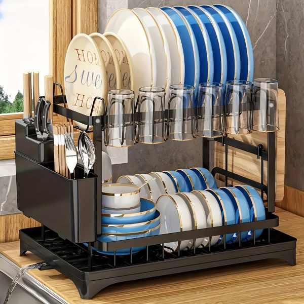 2-Tier Black Stainless Steel Dish Drying Rack – Space-Saving Kitchen Counter Organiser with Rotating Drain, Adjustable Utensil, Cup & Cutting Board Holders – Durable Modern Plate & Bowl Storage Rack - Image 6