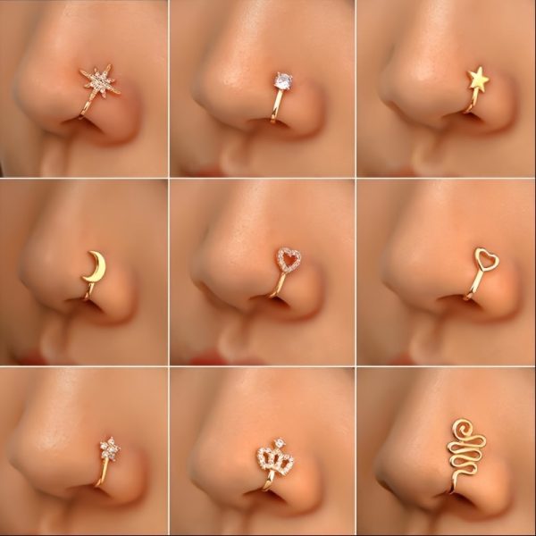 9pcs Copper Non-Piercing Nose Rings Set – U-Shape, Star, Heart, Crown Nose Clips with Zirconia for Women & Girls - Image 6