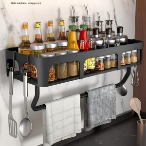 Easy-Install No-Drill Kitchen Storage Rack with Hooks – Wall-Mounted Multifunctional Organiser for Utensils, Towels & More
