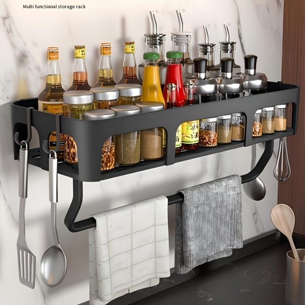 Easy-Install No-Drill Kitchen Storage Rack with Hooks – Wall-Mounted Multifunctional Organiser for Utensils, Towels & More