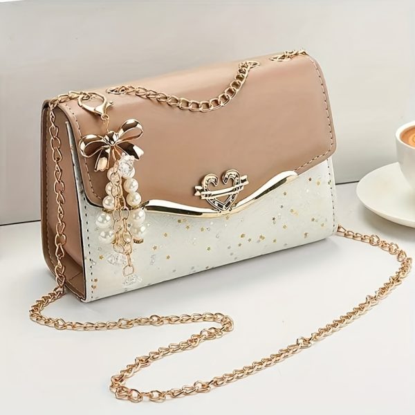 Women’s White Crossbody Bag with Gold Chain Strap & Bow Charm – Lightweight Clutch Purse with Tassel Detail – Ideal Gift for Christmas, Birthdays & Holidays - Image 9