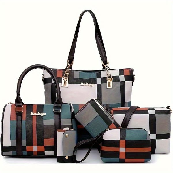 6pcs Set Large Capacity Checkered Shoulder Bag – Includes Handbag, Crossbody Bag, Clutch, Long & Short Wallets – Stylish Multi-Bag Set for Women - Image 11