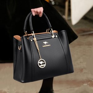 Women’s Stylish Black Handbag with Gold-Tone Hardware – Elegant Lightweight Designer Bag with Detachable Shoulder Strap for Everyday Use