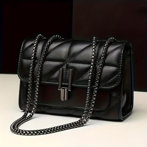 Elegant Black Mini Tartan Crossbody Bag – Faux Leather Handbag with Turn Lock & Adjustable Strap for Women – Urban Style, PVC Lining