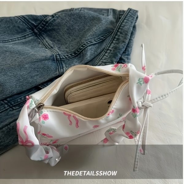 Floral Print Mini Shoulder Bag for Women – Lightweight Polyester Crossbody with Bow Strap & Zipper Closure – Cute Travel Purse for Daily Essentials - Image 6