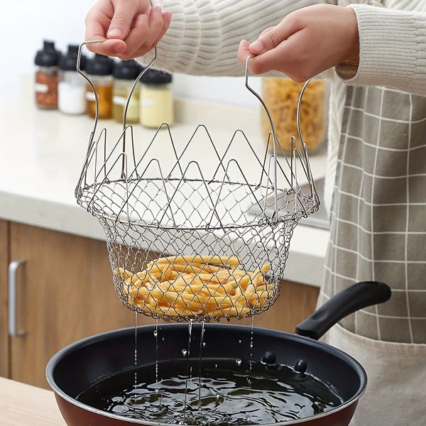 1pc Stainless Steel Frying Basket – Foldable Steam, Rinse & Strain Basket for Kitchen – Multi-Purpose Cooking Tool for Fried Food & More - Image 2