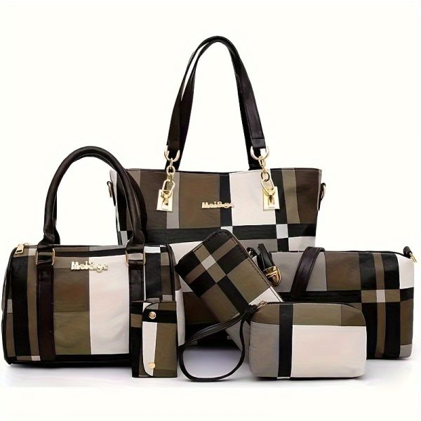 6pcs Set Large Capacity Checkered Shoulder Bag – Includes Handbag, Crossbody Bag, Clutch, Long & Short Wallets – Stylish Multi-Bag Set for Women - Image 9