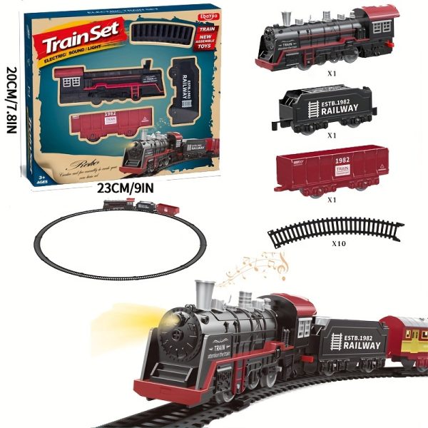 Vintage Electric Train Track Set for Kids – Classic Steam Locomotive with Lights & Sounds – Red & Black ABS Resin Railway Toy for Imaginative Play - Image 3