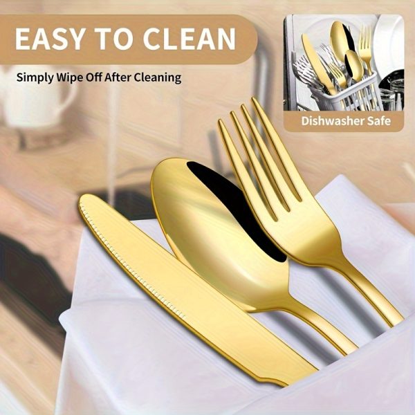 30pcs Elegant Golden Stainless Steel Flatware Set – Includes Steak Knives, Dinner & Dessert Forks, Spoons – Luxury Cutlery for Home & Events - Image 8