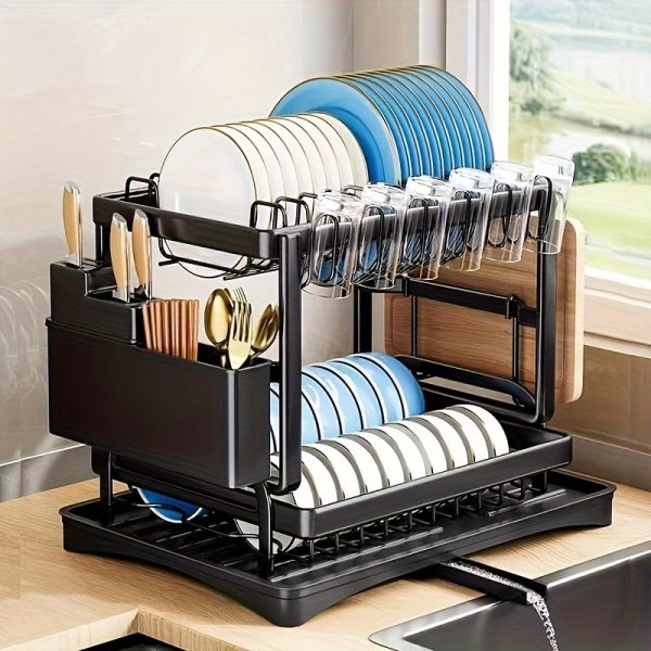 2-Tier Black Stainless Steel Dish Drying Rack – Space-Saving Kitchen Counter Organiser with Rotating Drain, Adjustable Utensil, Cup & Cutting Board Holders – Durable Modern Plate & Bowl Storage Rack - Image 3