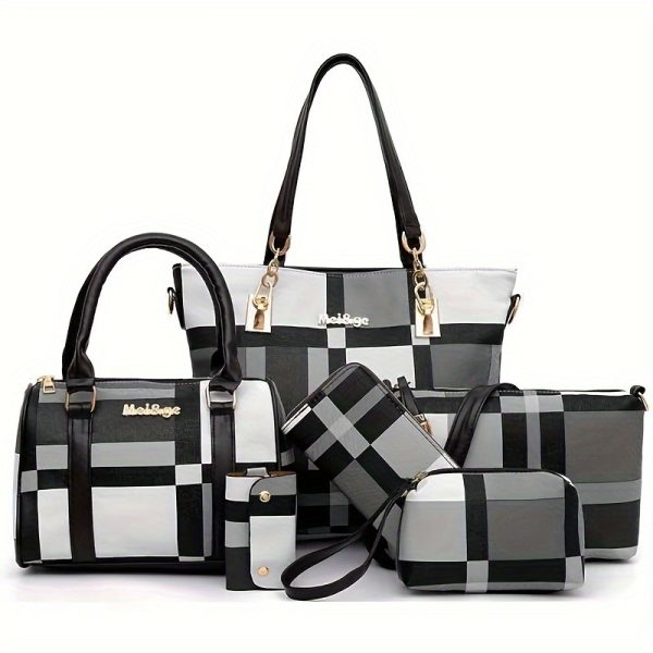 6pcs Set Large Capacity Checkered Shoulder Bag – Includes Handbag, Crossbody Bag, Clutch, Long & Short Wallets – Stylish Multi-Bag Set for Women - Image 3