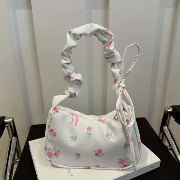 Floral Print Mini Shoulder Bag for Women – Lightweight Polyester Crossbody with Bow Strap & Zipper Closure – Cute Travel Purse for Daily Essentials - Image 3