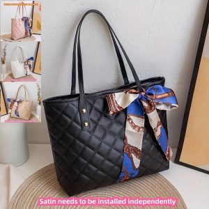 1pc Chic Quilted Tote Bag for Women – Large Capacity Handbag with Fixed Strap & Kiss Lock Closure, Includes Bonus Scarf Accessory