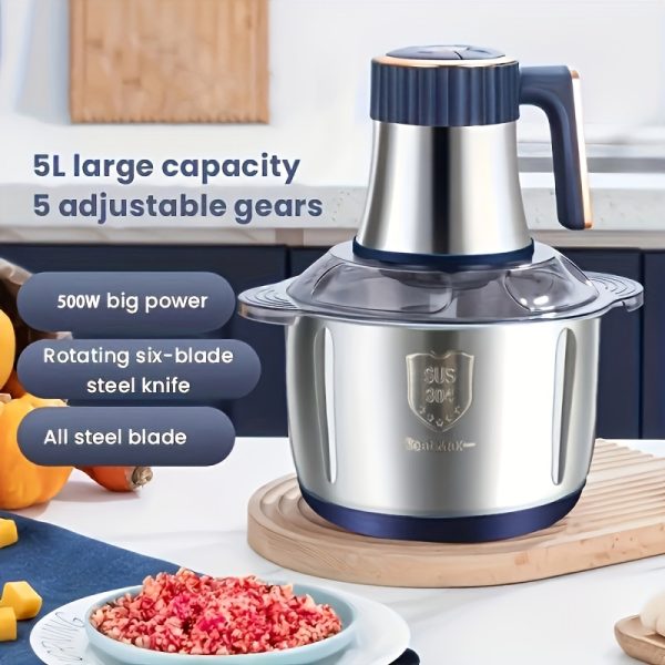 5L Electric Food Chopper & Meat Grinder – Stainless Steel Food Processor with 5-Speed Control & 6 Steel Blades – Quick Meat Mincer & Vegetable Cutter for Home, Baby Food, Garlic, Onion & Salad Prep - Image 3