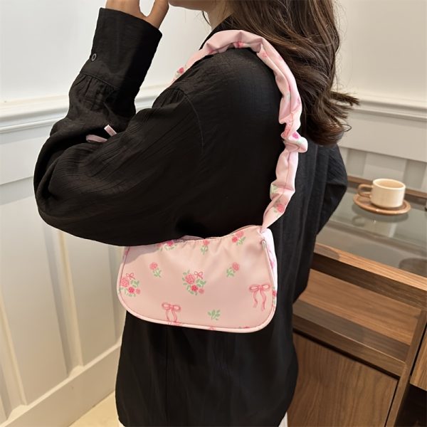 Floral Print Mini Shoulder Bag for Women – Lightweight Polyester Crossbody with Bow Strap & Zipper Closure – Cute Travel Purse for Daily Essentials - Image 2