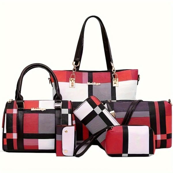 6pcs Set Large Capacity Checkered Shoulder Bag – Includes Handbag, Crossbody Bag, Clutch, Long & Short Wallets – Stylish Multi-Bag Set for Women - Image 7
