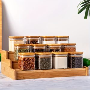 12pcs Square Glass Spice Jar Set with Bamboo Lids – Airtight & Reusable Seasoning Containers for Kitchen Storage