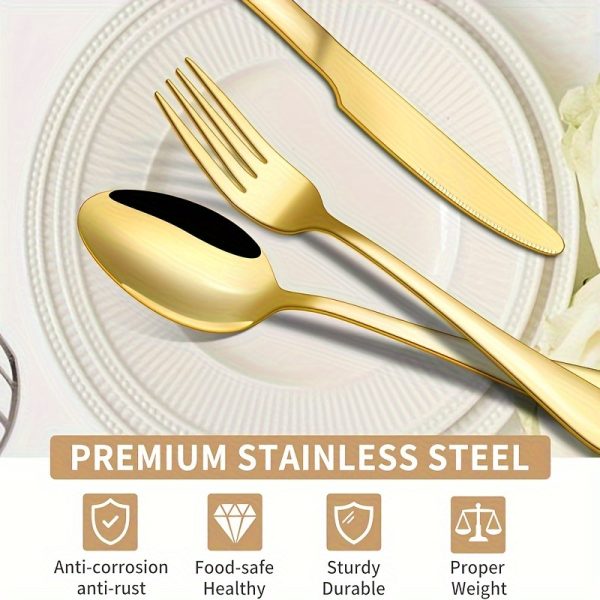 30pcs Elegant Golden Stainless Steel Flatware Set – Includes Steak Knives, Dinner & Dessert Forks, Spoons – Luxury Cutlery for Home & Events - Image 4