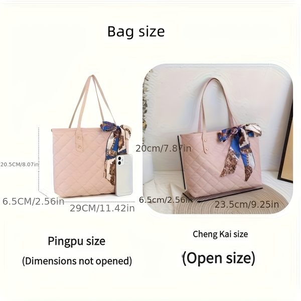 1pc Chic Quilted Tote Bag for Women – Large Capacity Handbag with Fixed Strap & Kiss Lock Closure, Includes Bonus Scarf Accessory - Image 4