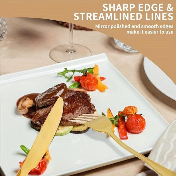 30pcs Elegant Golden Stainless Steel Flatware Set – Includes Steak Knives, Dinner & Dessert Forks, Spoons – Luxury Cutlery for Home & Events - Image 5