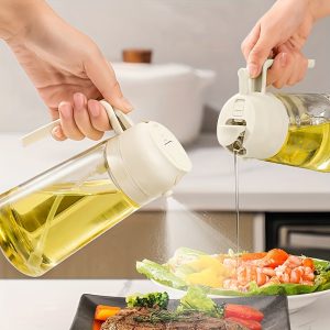 470ml Leak-Proof Oil & Seasoning Bottle with Spray & Pour Functions – Dual-Use Cooking Oil Container for Soy Sauce, Vinegar – Includes 360° Foldable Long Handle Silicone Cup Brush
