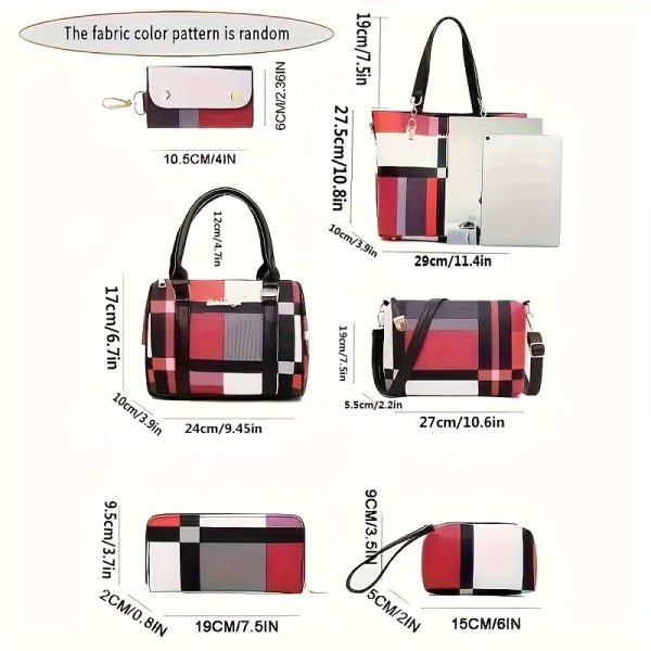 6pcs Set Large Capacity Checkered Shoulder Bag – Includes Handbag, Crossbody Bag, Clutch, Long & Short Wallets – Stylish Multi-Bag Set for Women - Image 2