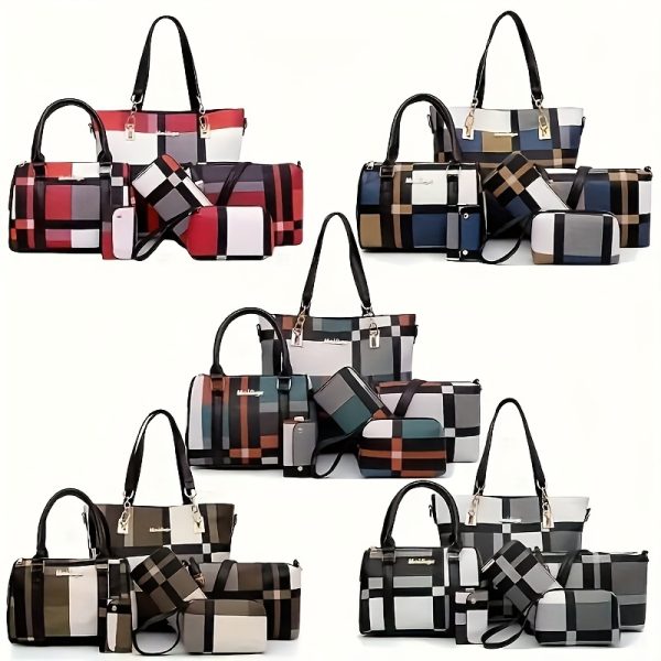 6pcs Set Large Capacity Checkered Shoulder Bag – Includes Handbag, Crossbody Bag, Clutch, Long & Short Wallets – Stylish Multi-Bag Set for Women