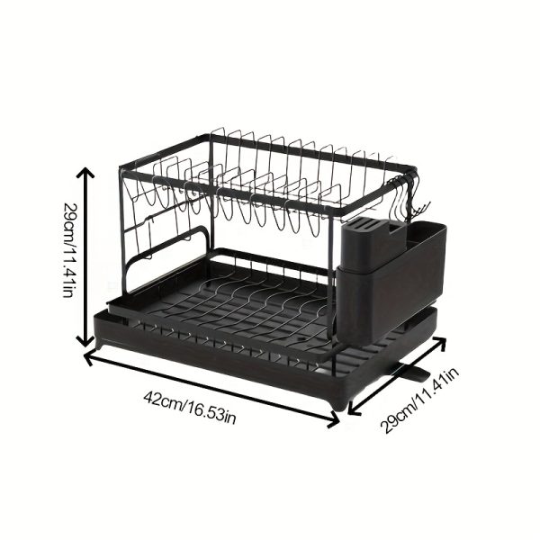 2-Tier Black Stainless Steel Dish Drying Rack – Space-Saving Kitchen Counter Organiser with Rotating Drain, Adjustable Utensil, Cup & Cutting Board Holders – Durable Modern Plate & Bowl Storage Rack - Image 4
