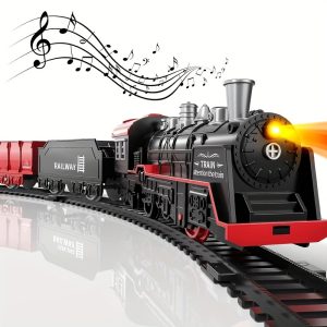 Vintage Electric Train Track Set for Kids – Classic Steam Locomotive with Lights & Sounds – Red & Black ABS Resin Railway Toy for Imaginative Play