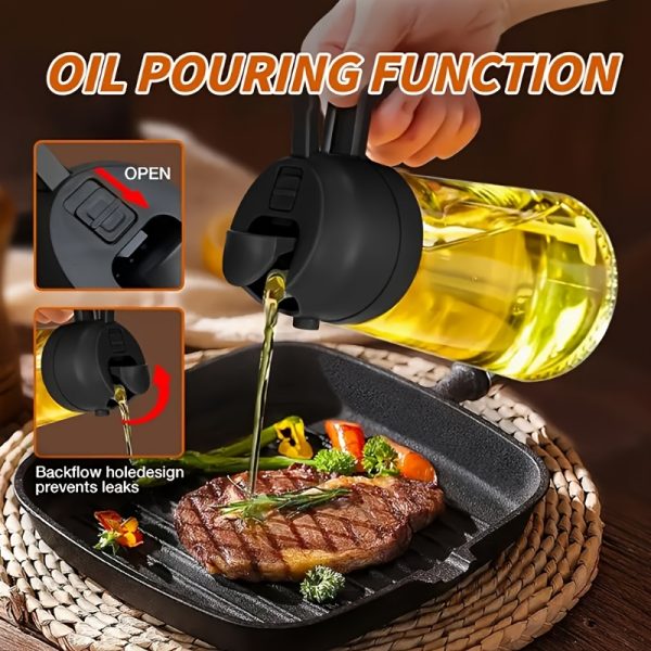 470ml Leak-Proof Oil & Seasoning Bottle with Spray & Pour Functions – Dual-Use Cooking Oil Container for Soy Sauce, Vinegar – Includes 360° Foldable Long Handle Silicone Cup Brush - Image 3
