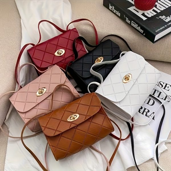 Women’s Quilted Crossbody Bag with Adjustable Strap & Twist Lock – Elegant Solid Colour Shoulder Purse with Gold Hardware – Casual & Formal Handbag in Black, Red, Pink, Brown, White