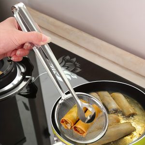 Stainless Steel Strainer Spoon & Tongs – High-Temperature Resistant Frying Tool for Lifting, Draining & Serving