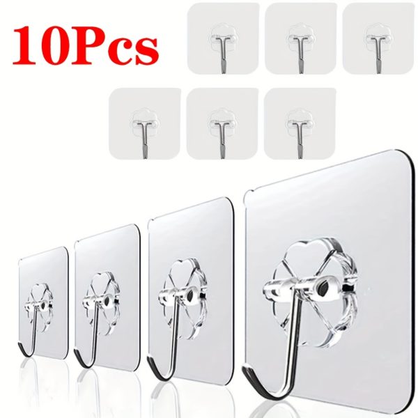 10pcs Transparent Wall Hooks – Strong Suction Cup Adhesive Hooks for Multi-Purpose Use – Reusable & Waterproof