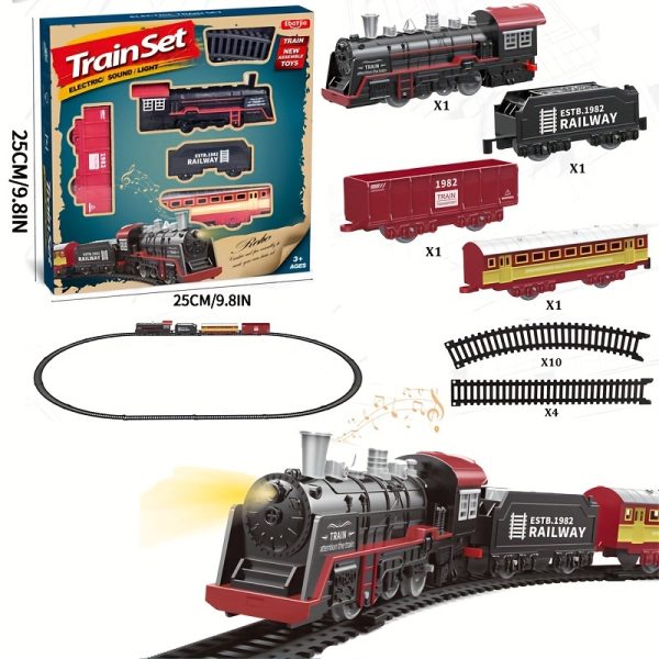 Vintage Electric Train Track Set for Kids – Classic Steam Locomotive with Lights & Sounds – Red & Black ABS Resin Railway Toy for Imaginative Play - Image 5