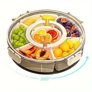 Rotating Snack Organizer Tray with Lid & Handle – Large Multi-Compartment Food Platter for Fruits, Veggies, Sweets – Safe Food-Grade Plastic Serving Tray for Parties & Picnics