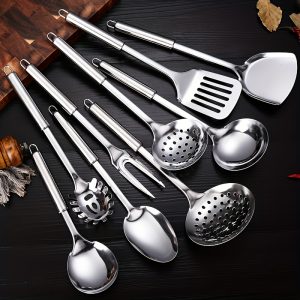 9pcs Stainless Steel Kitchen Utensil Set – Rust-Resistant Cooking & Serving Tools with Ergonomic Handles